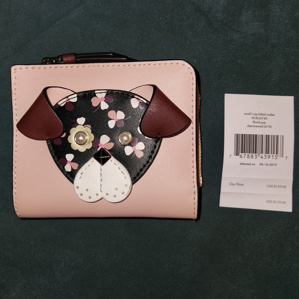 Kate Spade Small Zip Bifold Wallet Floral Pup Cherrywood